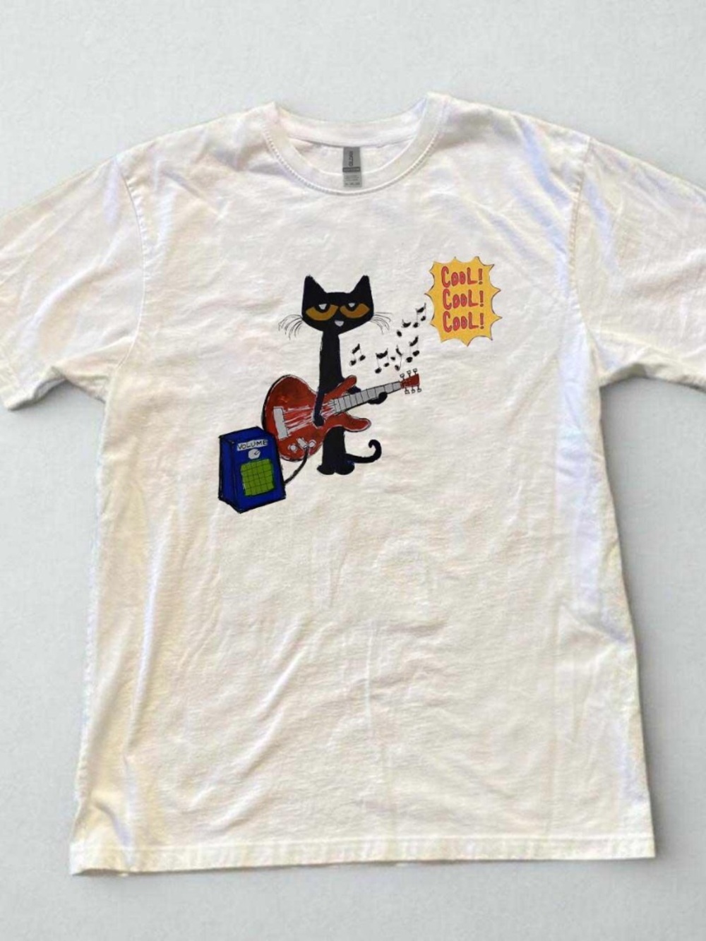 White Cat Graphic T-Shirt with Guitar Print